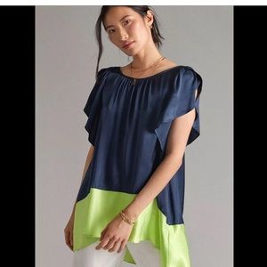 Maeve Anthropologie colorblocked navy green tunic top size large